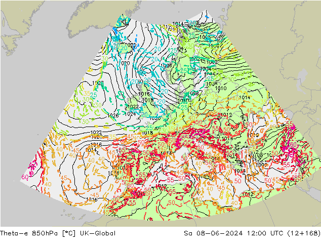 Theta-e 850hPa UK-Global  08.06.2024 12 UTC
