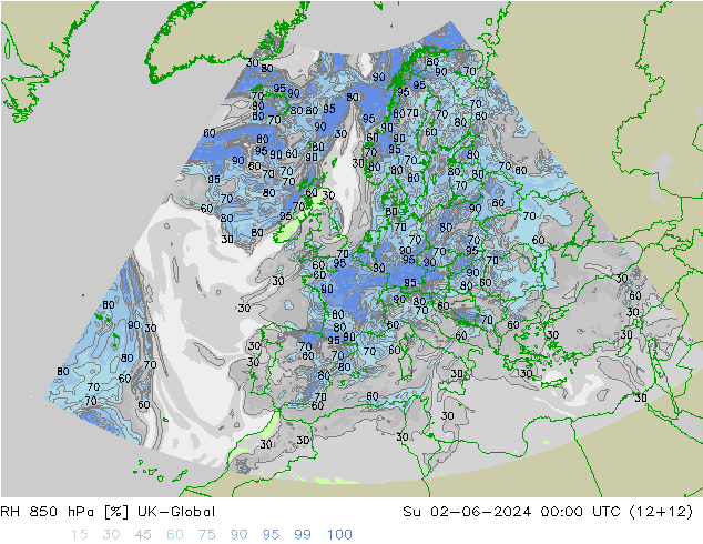 Humidité rel. 850 hPa UK-Global dim 02.06.2024 00 UTC