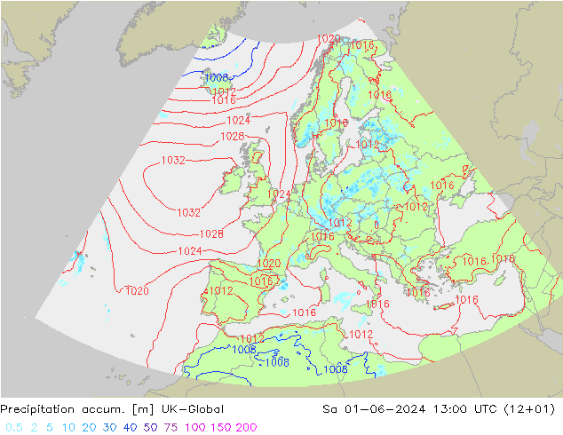Precipitation accum. UK-Global Sáb 01.06.2024 13 UTC