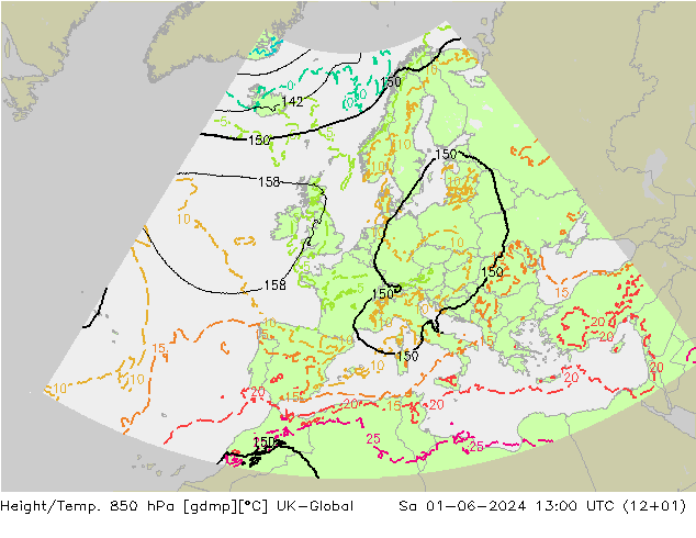 Height/Temp. 850 hPa UK-Global Sa 01.06.2024 13 UTC