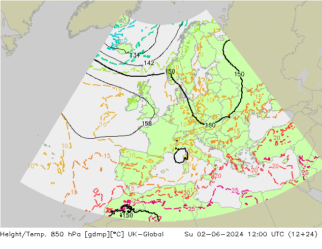 Height/Temp. 850 hPa UK-Global dom 02.06.2024 12 UTC
