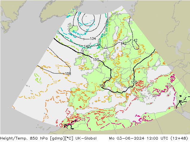 Height/Temp. 850 hPa UK-Global Mo 03.06.2024 12 UTC
