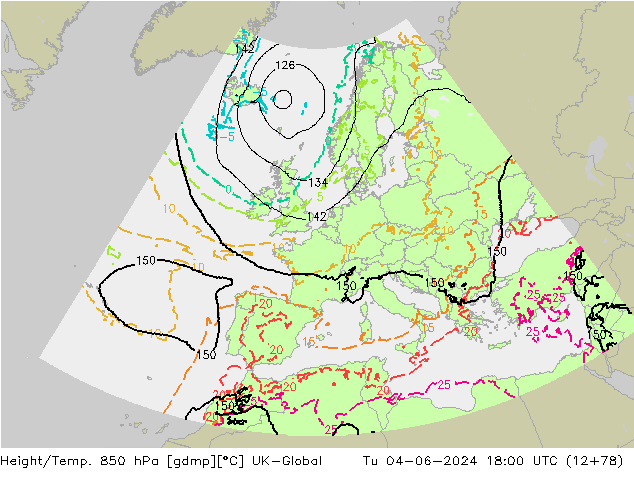 Yükseklik/Sıc. 850 hPa UK-Global Sa 04.06.2024 18 UTC