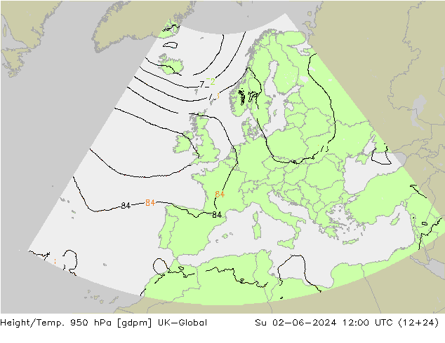 Height/Temp. 950 hPa UK-Global  02.06.2024 12 UTC