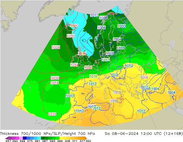 Thck 700-1000 гПа UK-Global сб 08.06.2024 12 UTC