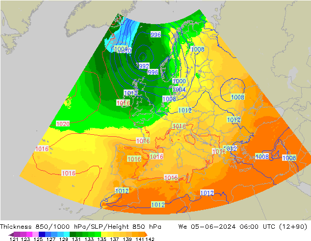 Dikte 850-1000 hPa UK-Global wo 05.06.2024 06 UTC