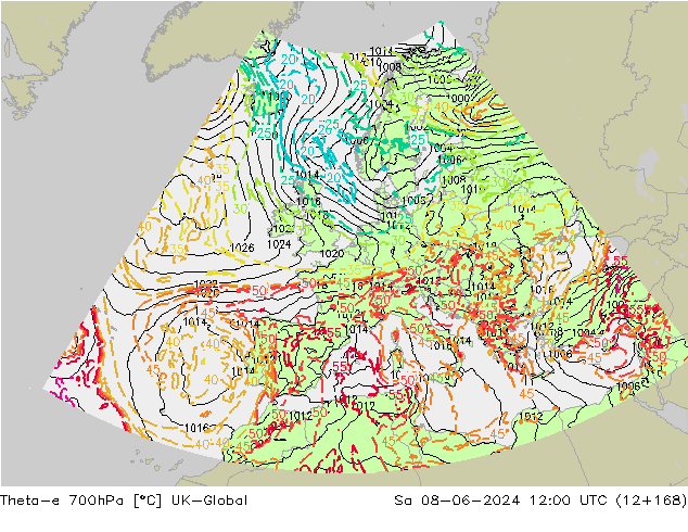 Theta-e 700hPa UK-Global sam 08.06.2024 12 UTC