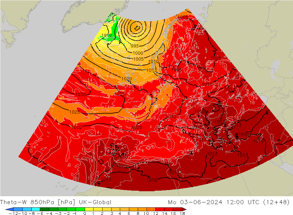 Theta-W 850hPa UK-Global Seg 03.06.2024 12 UTC