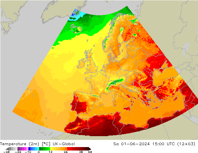 Temperatura (2m) UK-Global sab 01.06.2024 15 UTC