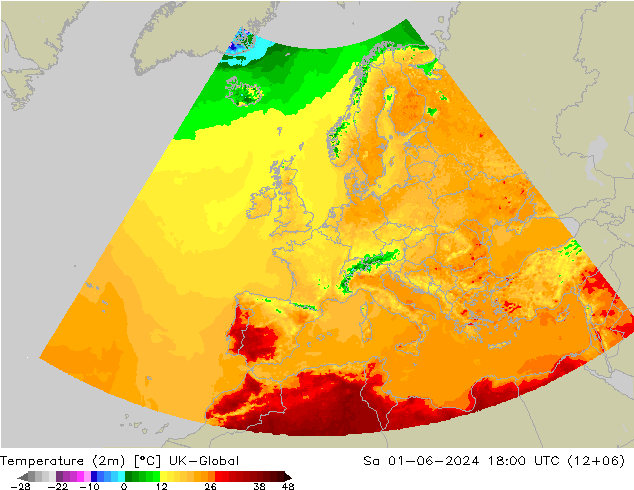 mapa temperatury (2m) UK-Global so. 01.06.2024 18 UTC