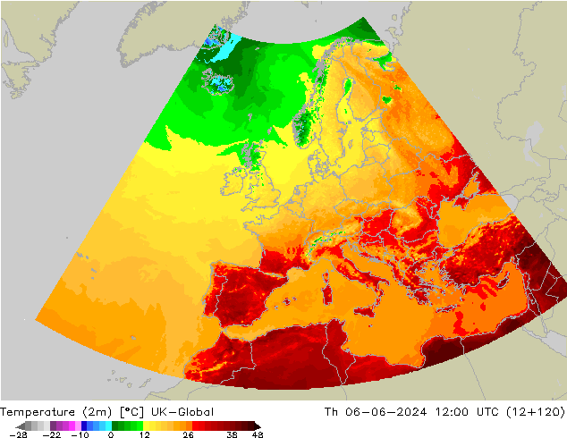 Temperature (2m) UK-Global Th 06.06.2024 12 UTC
