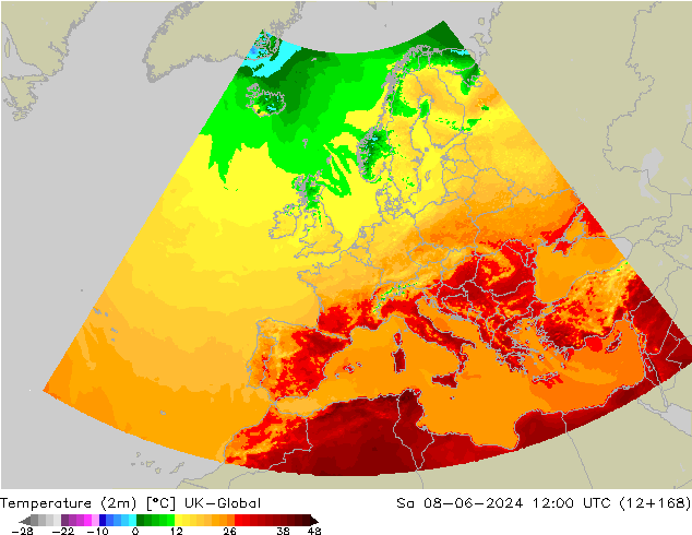 Temperatuurkaart (2m) UK-Global za 08.06.2024 12 UTC