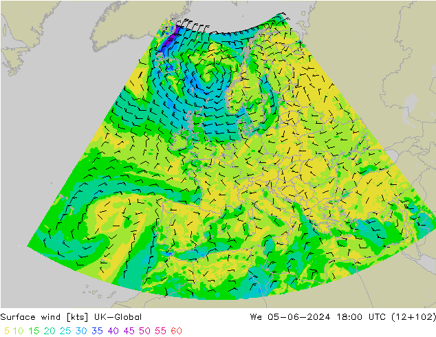 Surface wind UK-Global We 05.06.2024 18 UTC