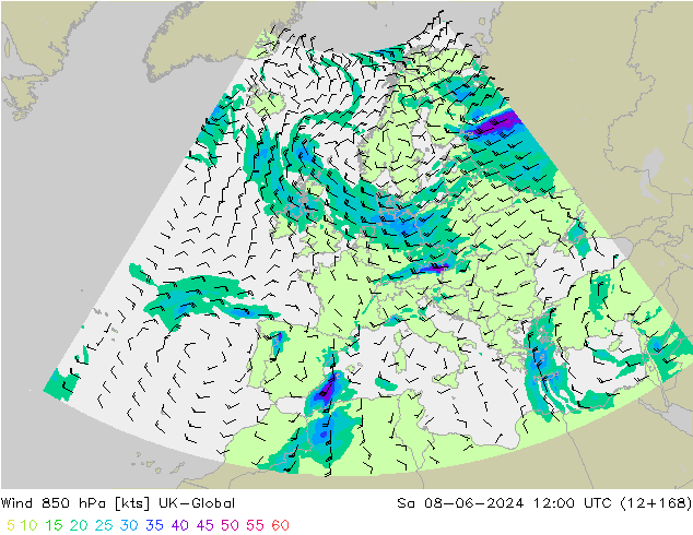 wiatr 850 hPa UK-Global so. 08.06.2024 12 UTC