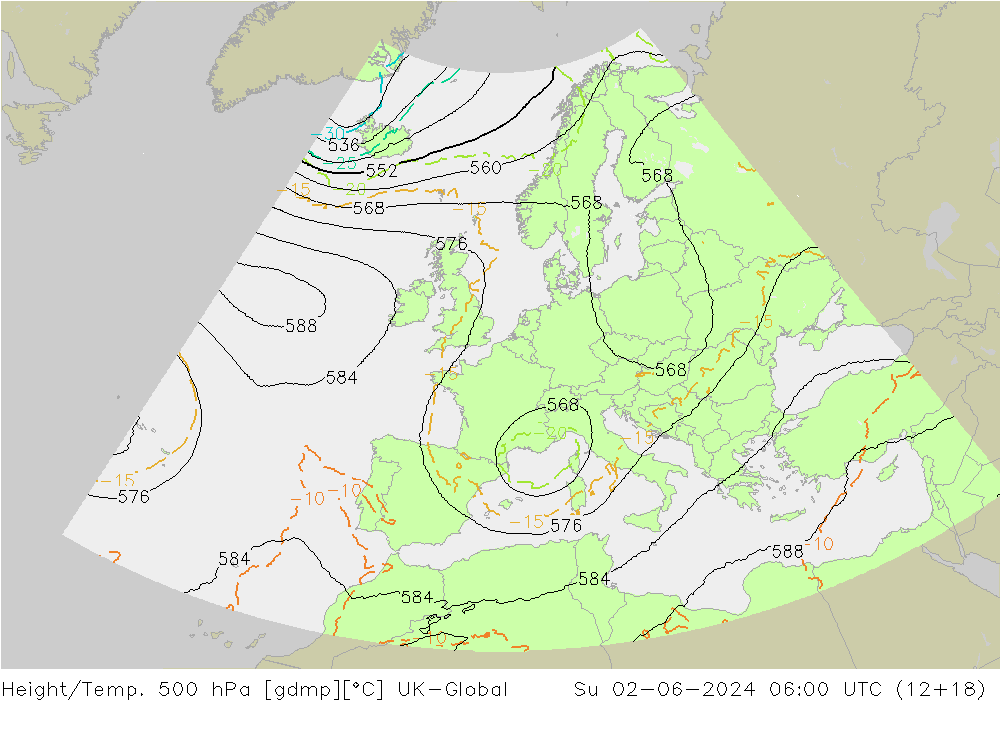 Hoogte/Temp. 500 hPa UK-Global zo 02.06.2024 06 UTC