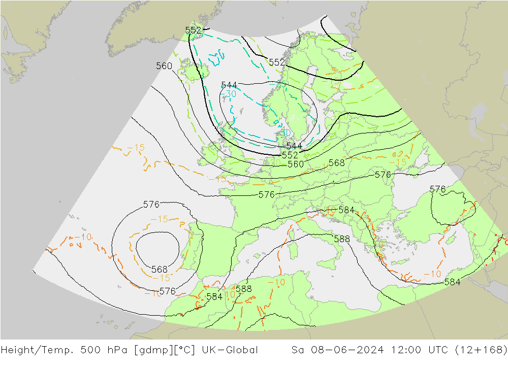 Yükseklik/Sıc. 500 hPa UK-Global Cts 08.06.2024 12 UTC