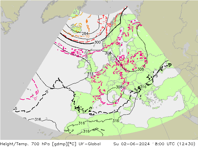 Hoogte/Temp. 700 hPa UK-Global zo 02.06.2024 18 UTC