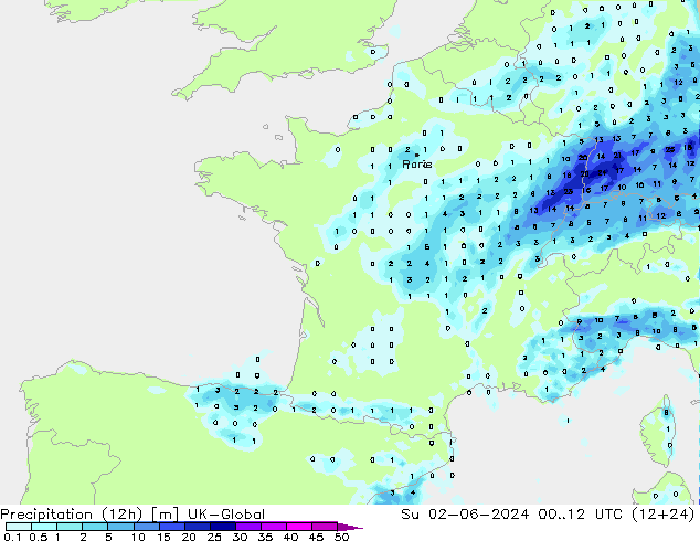 Precipitation (12h) UK-Global Su 02.06.2024 12 UTC