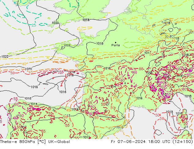 Theta-e 850hPa UK-Global Fr 07.06.2024 18 UTC