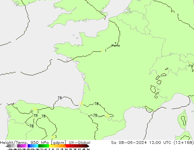 Geop./Temp. 950 hPa UK-Global sáb 08.06.2024 12 UTC