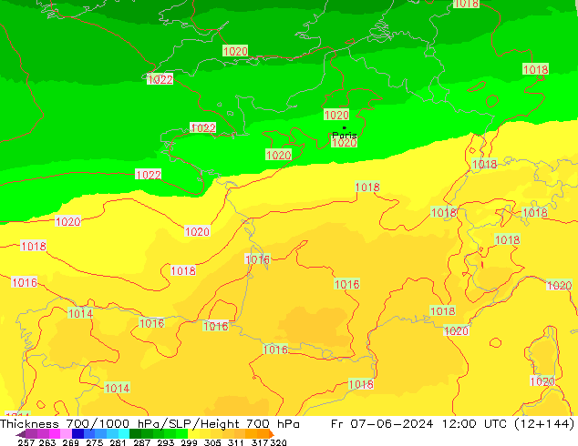 Thck 700-1000 hPa UK-Global Fr 07.06.2024 12 UTC