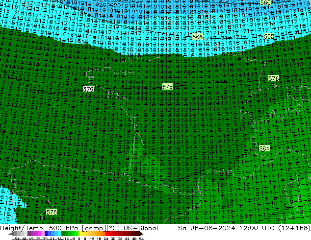 Height/Temp. 500 hPa UK-Global Sa 08.06.2024 12 UTC