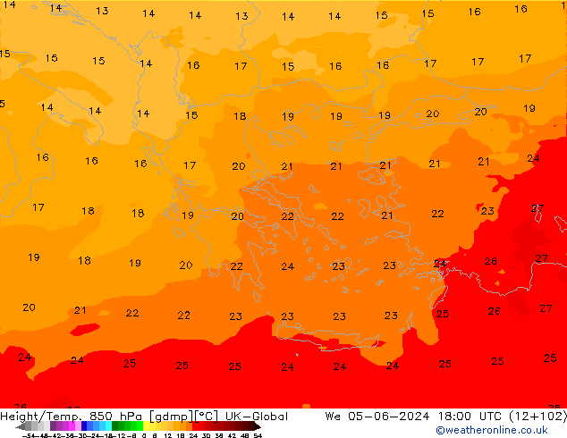 Height/Temp. 850 hPa UK-Global mer 05.06.2024 18 UTC