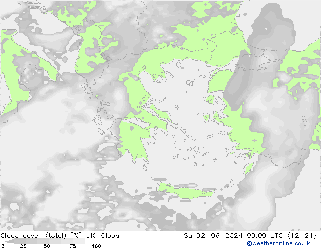 Cloud cover (total) UK-Global Ne 02.06.2024 09 UTC