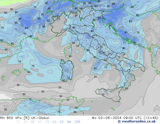 Humidité rel. 850 hPa UK-Global lun 03.06.2024 09 UTC