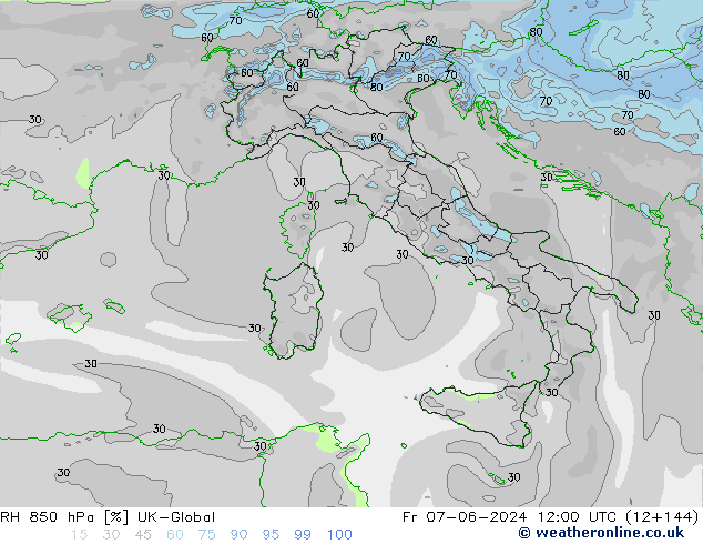 RH 850 hPa UK-Global Fr 07.06.2024 12 UTC