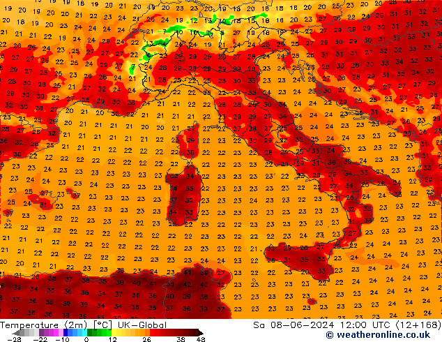 Temperatura (2m) UK-Global sab 08.06.2024 12 UTC