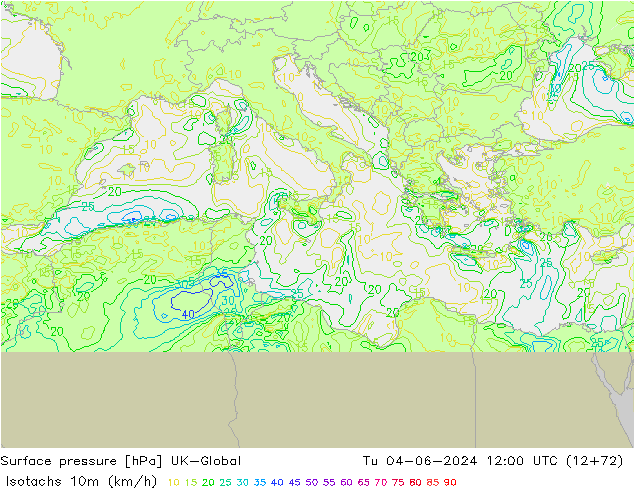 Izotacha (km/godz) UK-Global wto. 04.06.2024 12 UTC