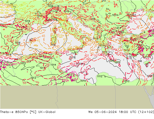 Theta-e 850hPa UK-Global mer 05.06.2024 18 UTC