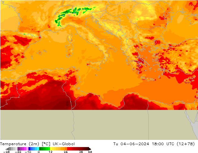 Temperature (2m) UK-Global Út 04.06.2024 18 UTC