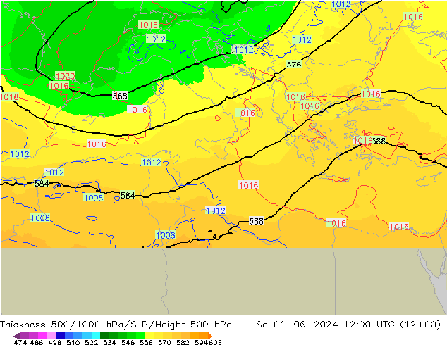 Espesor 500-1000 hPa UK-Global sáb 01.06.2024 12 UTC
