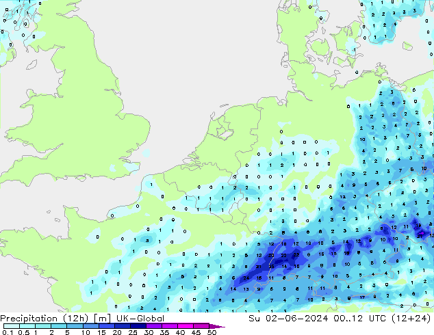 Precipitation (12h) UK-Global Su 02.06.2024 12 UTC