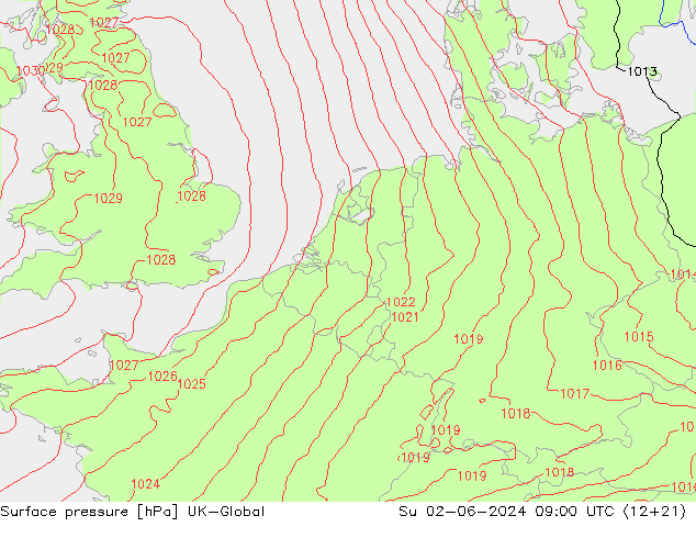 Pressione al suolo UK-Global dom 02.06.2024 09 UTC
