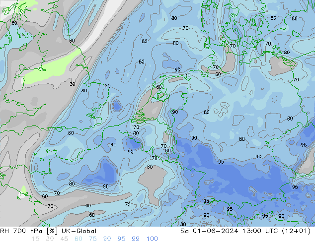 Humidité rel. 700 hPa UK-Global sam 01.06.2024 13 UTC