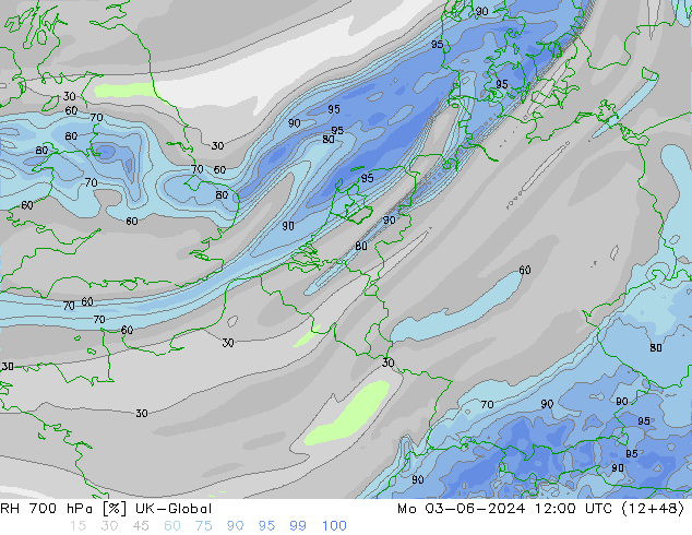Humidité rel. 700 hPa UK-Global lun 03.06.2024 12 UTC