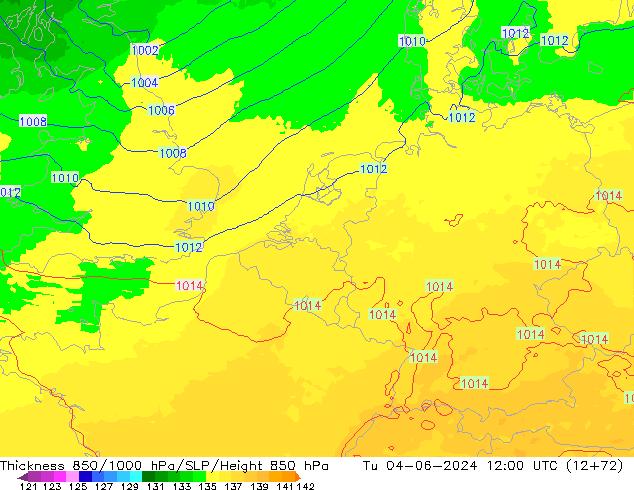 Dikte 850-1000 hPa UK-Global di 04.06.2024 12 UTC