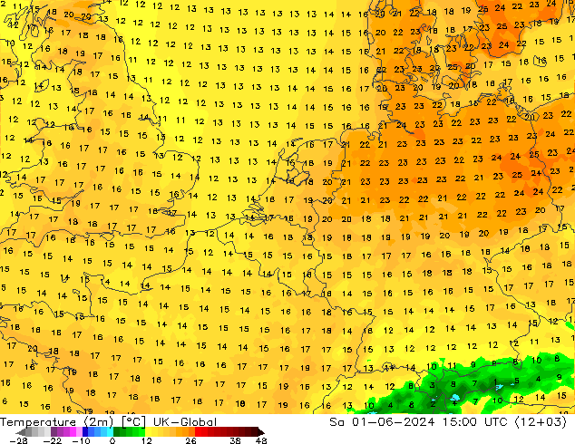 température (2m) UK-Global sam 01.06.2024 15 UTC
