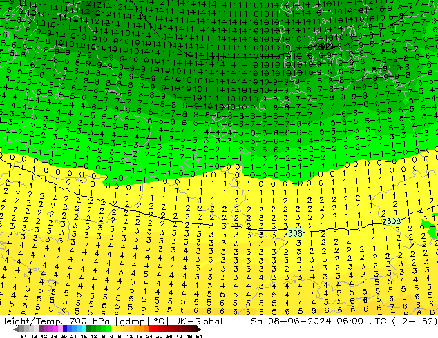 Height/Temp. 700 гПа UK-Global сб 08.06.2024 06 UTC