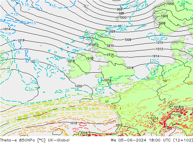 Theta-e 850hPa UK-Global We 05.06.2024 18 UTC