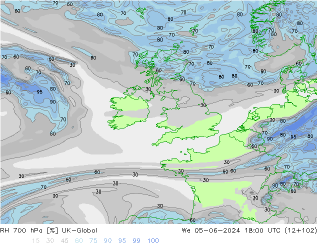 RH 700 hPa UK-Global We 05.06.2024 18 UTC