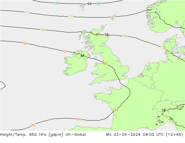 Height/Temp. 950 hPa UK-Global Mo 03.06.2024 09 UTC