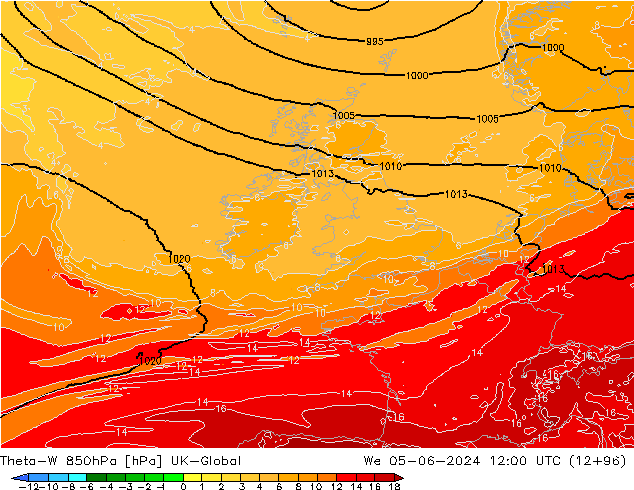 Theta-W 850hPa UK-Global śro. 05.06.2024 12 UTC