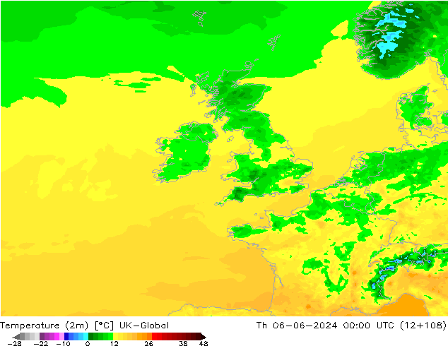 Temperature (2m) UK-Global Th 06.06.2024 00 UTC