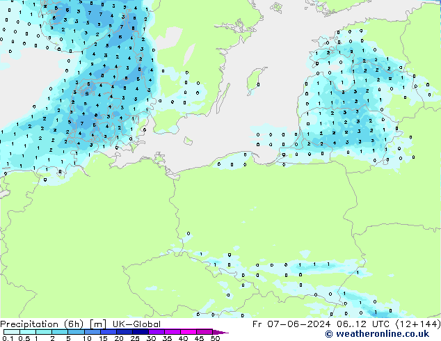 Precipitation (6h) UK-Global Pá 07.06.2024 12 UTC