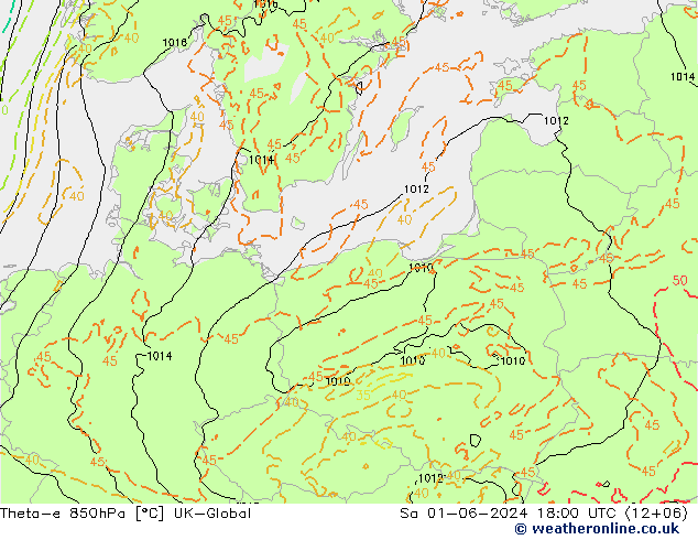 Theta-e 850hPa UK-Global so. 01.06.2024 18 UTC