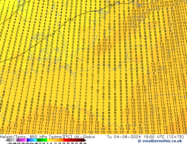 Height/Temp. 850 hPa UK-Global Tu 04.06.2024 15 UTC